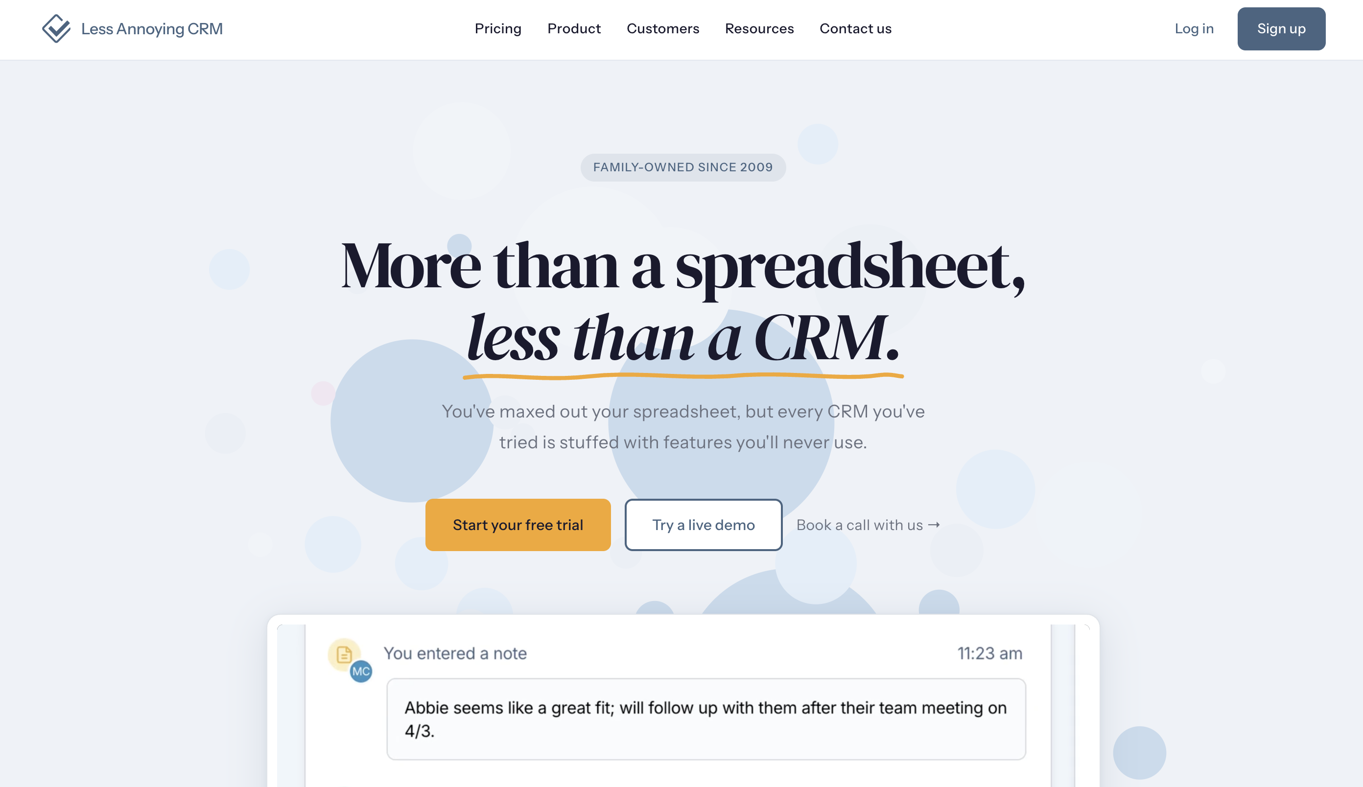 Less annoying CRM's landing page